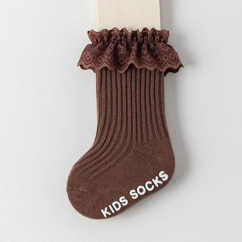 Длинные стильные хлопковые кружевные однотонные носки с оборками для маленьких девочек
