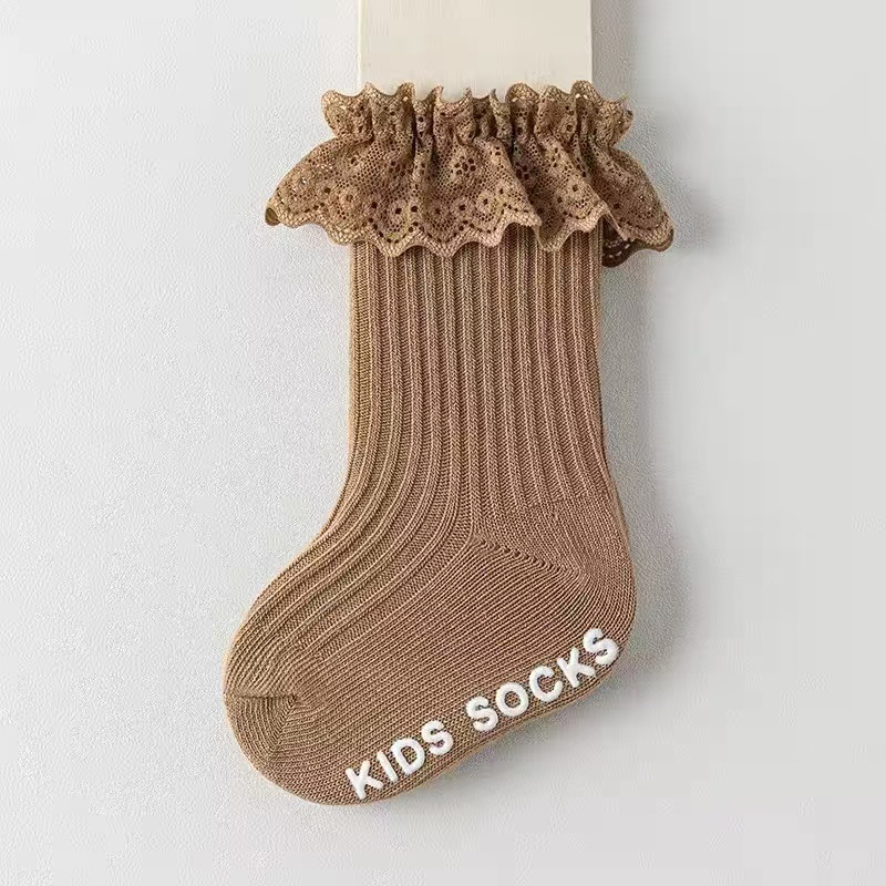 Длинные стильные хлопковые кружевные однотонные носки с оборками для маленьких девочек